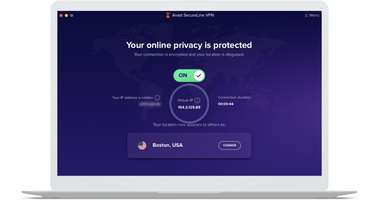 The Avast SecureLine VPN home screen showing server location and virtual IP address.